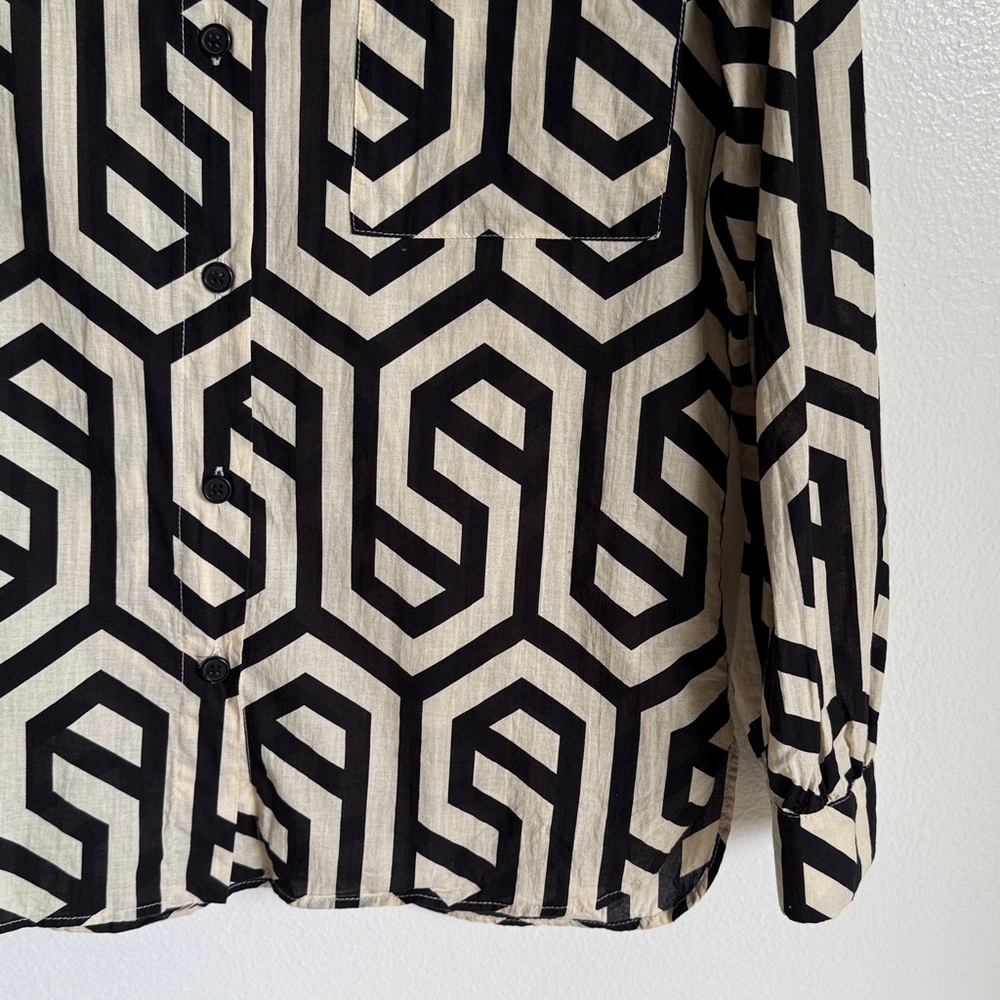 Zara Cream Black Geometric Long Sleeve Button Down Blouse, Small - Picture 4 of 6